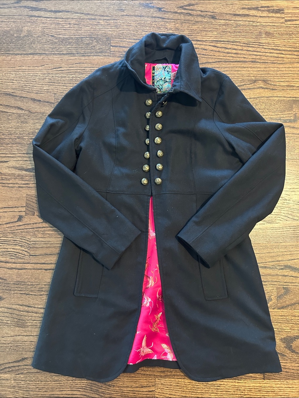 Women’s Black Military Peacoat with Pink Lining